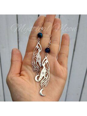 Blue Tiger’s Eye Celestial Hand Earrings with Crescent Moon Charms Silver